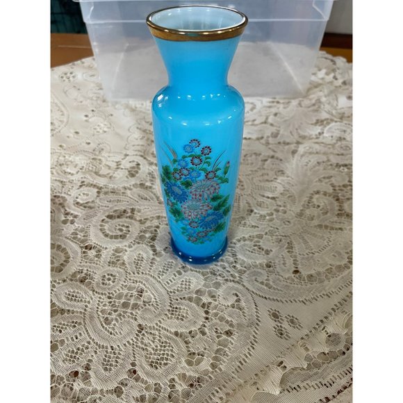 Blue Glass Bud Vase With Floral Pattern - Picture 2 of 7
